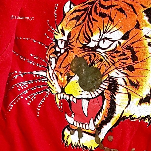 Switch Red Ribbed Rhinestone Short Sleeve Orange Circus Tiger Animalcore Top♥️ - Picture 2 of 9
